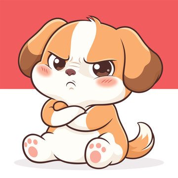 Cute Angry Baby Puppy Cartoon Sitting with Arms Crossed, Grumpy Dog Mascot Illustration