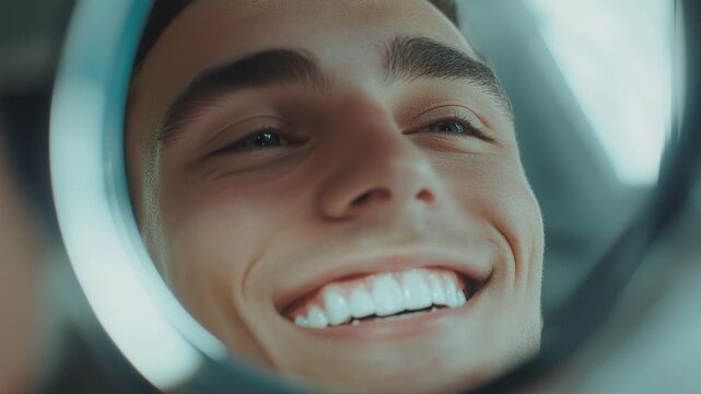 Close-up smiling white man by window, sunlit morning glow and post-surf salt on skin, stubbled jaw and genuine smile revealing bright teeth, relaxed confident