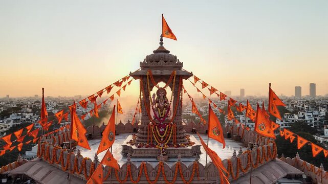Hanuman, Hindu temple decorated with orange flags and lights at sunset
