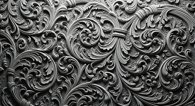 Intricate floral ornate pattern design in black and white vintage engraving style for wallpaper textile