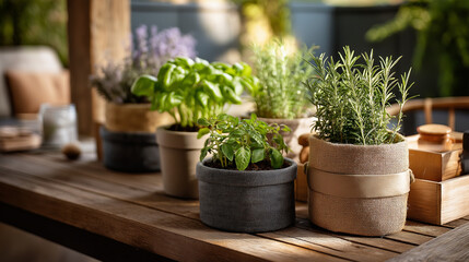 Fototapeta premium DIY gardening with small herbs in eco friendly repurposed containers cozy patio corner natural sustainable style potted plants green living organic growing outdoor planting