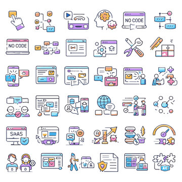 No Code Icons Set &ndash; Modern Flat Line UI Illustration Pack for Web, App Development and SaaS.