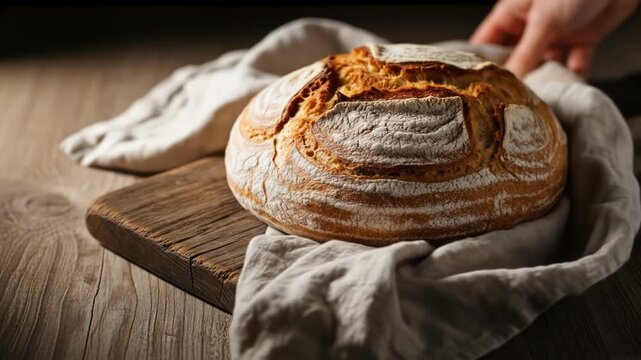 A crusty loaf of bread on a wooden cutting board with a beige cloth