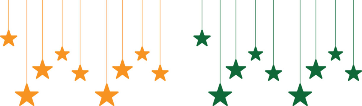 Puppet people hanging from strings in orange and green