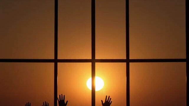 Hands Reaching Towards Sunrise Through Window Bars, Hopeful New Day Concept