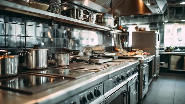 Professional kitchen with stainless steel equipment and cooking tools