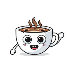 Cute coffee cup character waving hello with a happy face and steam