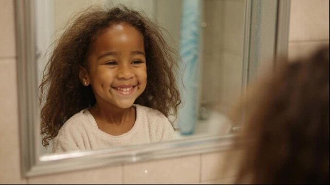 Girl looking at herself in bathroom mirror. Morning routine, self reflection, childhood, home interior.
