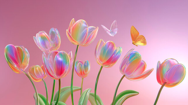 Glass colored tulips and delicate butterflies on a pastel background. Spring backdrop for greeting cards, banners, decor, and posters