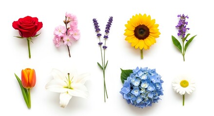 Obraz premium Colorful assorted flowers including roses sunflowers and hydrangeas arranged on white background for decoration