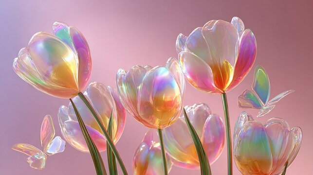 Glass colored tulips and delicate butterflies on a pastel background. A spring backdrop for greeting cards, banners, decor, and posters.