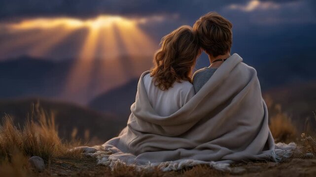 70A loving couple, wrapped in a blanket, sits on a mountain at sunset, view from behind, sun rays breaking through clouds, glowing edges around the blanket, hopeful and inspiring tra