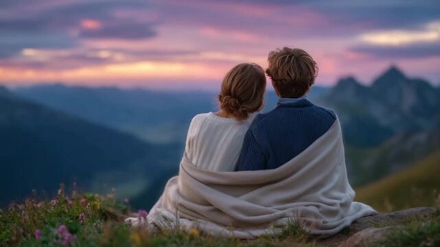 69A loving couple, wrapped in a blanket, sits on a mountain at sunset, view from behind, serene pastel sky after sunset, soft ambient light, couple quietly enjoying the view, intimat