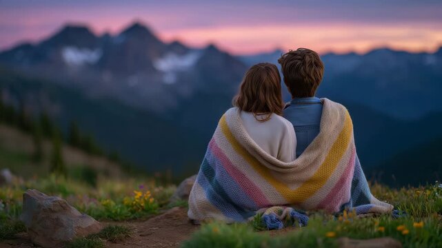 71A loving couple, wrapped in a blanket, sits on a mountain at sunset, view from behind, serene pastel sky after sunset, soft ambient light, couple quietly enjoying the view, intimat