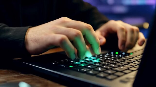 A hooded man intensely typing on laptop in dimly lit room with green coding on screen