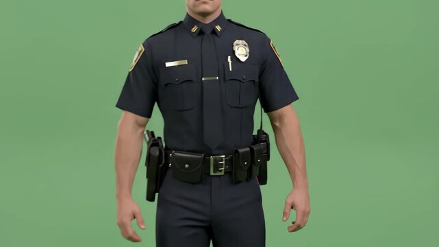 A police officer stands at attention in a dark blue uniform complete with badge and utility belt against a solo green background ready for duty