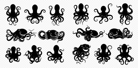 A collection of stylized black octopus and kraken silhouettes isolated on a transparent background. © Akun