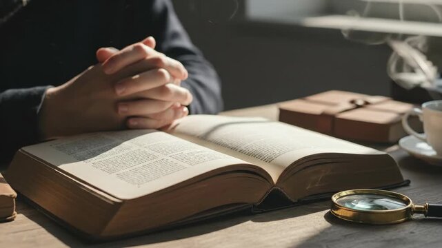 A person clasps hands in prayer over an open book on a wooden table Sunlight streams in illuminating a magnifying glass and journal