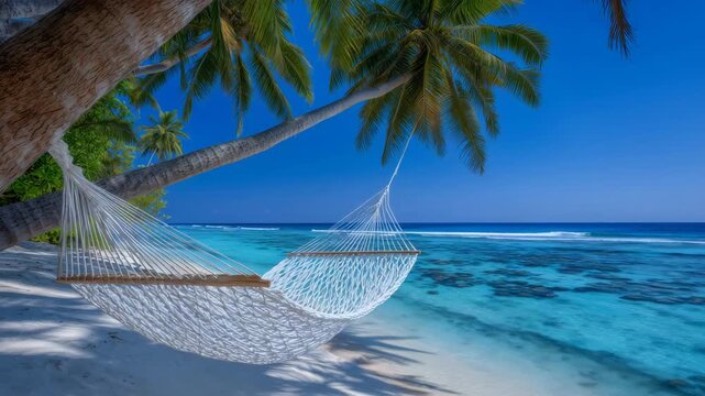 364Hammock stretched between palm trees on a white sand tropical beach with turquoise water and clear sky, close up, diagonal composition with hammock leading eye toward ocean, palm l