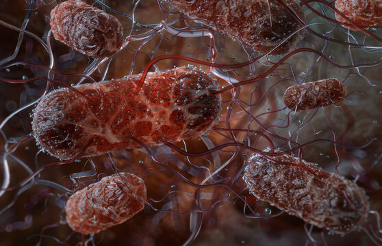 Salmonella enterica bacterium: peritrichous flagellated gram-negative bacillus colony in gastrointestinal microenvironment. Salmonellosis, gastroenteritis infectious disease and pathology research, 3D