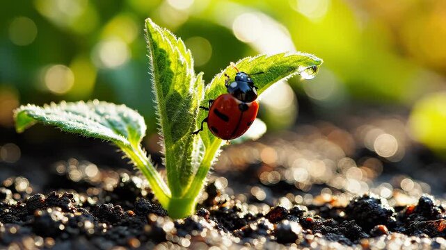 Ladybug on fresh green leaf. Nature's beauty captured in vibrant garden. Insects support ecosystem and biodiversity. Macro view showcasing delicate details.