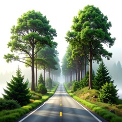 Sunny road stretches through lush green trees, disappearing into misty distance, evoking tranquility