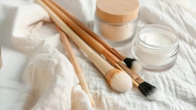 A makeup set is arranged on white linen. Makeup brushes lie beside containers holding powder and cream. This shows tools for a basic beauty routine at home