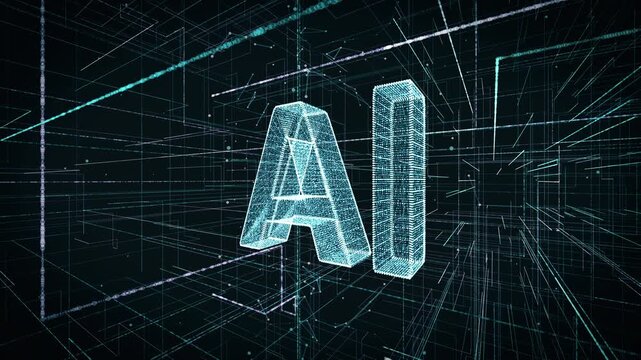 Futuristic AI Hologram In Digital Grid With Data Network And Wireframe Virtual Interface; Looping.