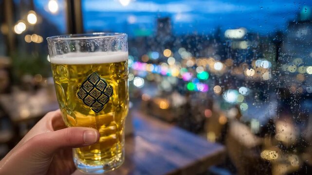374Hand holding pint of golden beer with shamrock logo in cozy Irish pub during rainy Saint Patrick Day celebration with blurred city lights outside, side angle showing beer in focus,