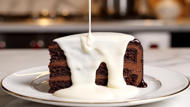 4K video of decadent chocolate cake being drizzled with white sauce