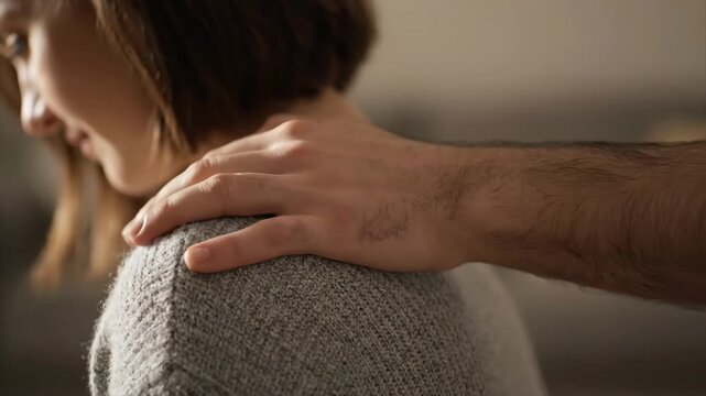 Supportive adult male hand gently touching a young female's shoulder in a gesture of comfort. Loving couple expressing empathy care and emotional connection in their relationship