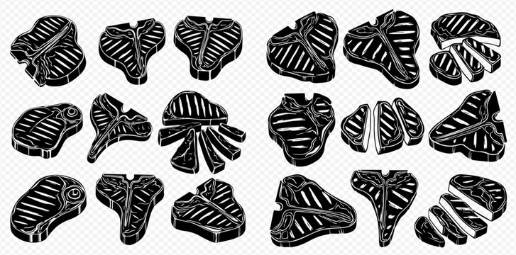 A diverse collection of grilled beef steak illustrations, including T-bone and sirloin cuts, in a vintage black and white woodcut style.