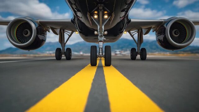 444Airplane landing gear touches down on airport runway. Front wheels of aircraft on tarmac with yellow line. Jetliner arriving at destination, close up, low-angle perspective with gl
