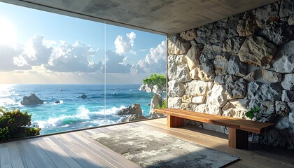 Room with a stone wall and a large window overlooking a seascape with waves, rocks, and clouds