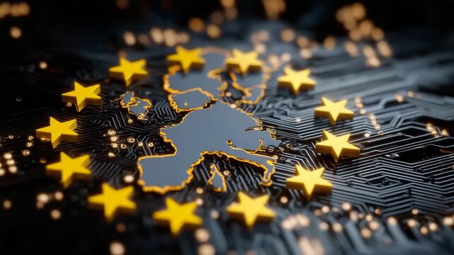 472European Union map outlined on digital circuit board. Yellow stars of EU flag embedded, signifying unity and technological advancement. Global network security and data protection
