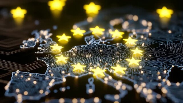 471European Union map outlined on digital circuit board. Yellow stars of EU flag embedded, signifying unity and technological advancement. Global network security and data protection