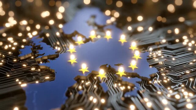 476European Union map outlined on digital circuit board. Yellow stars of EU flag embedded, signifying unity and technological advancement. Global network security and data protection
