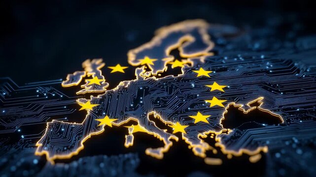 479European Union map outlined on digital circuit board. Yellow stars of EU flag embedded, signifying unity and technological advancement. Global network security and data protection