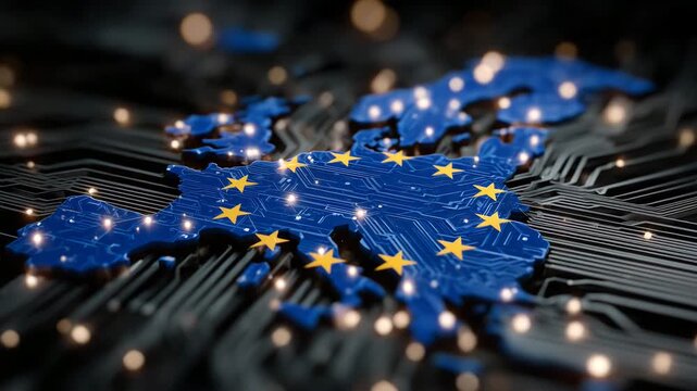 481European Union map outlined on digital circuit board. Yellow stars of EU flag embedded, signifying unity and technological advancement. Global network security and data protection