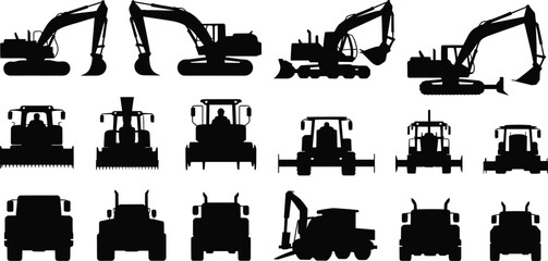 Heavy construction machinery silhouettes set with excavators, bulldozers, tractors and trucks isolated on white background vector illustration collection © Santo's World