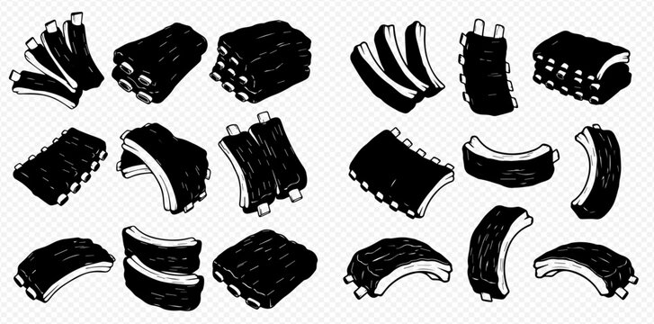Monochrome hand-drawn collection of barbecue pork rib racks isolated on a white background.