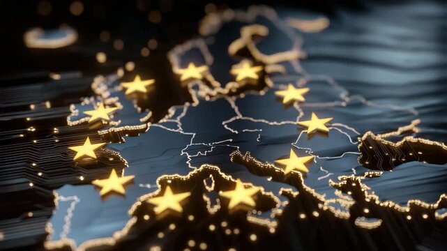 487European Union map outlined on digital circuit board. Yellow stars of EU flag embedded, signifying unity and technological advancement. Global network security and data protection