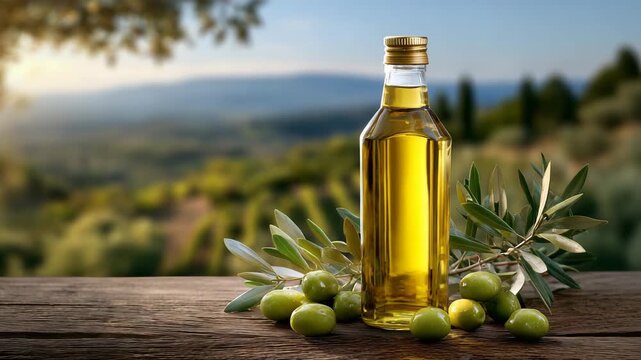 497Golden olive oil bottle rests near fresh olives on wooden table. Tuscan vineyard rows stretch towards warm sunset. Olives and oil glow in soft light, atmospheric perspective with s