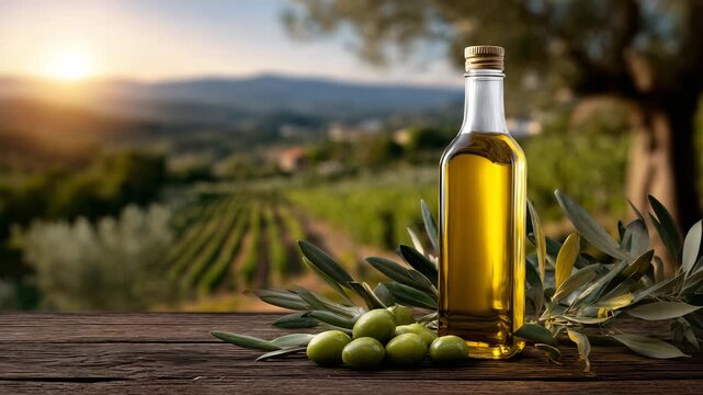 503Golden olive oil bottle rests near fresh olives on wooden table. Tuscan vineyard rows stretch towards warm sunset. Olives and oil glow in soft light, wide-angle composition, bottle