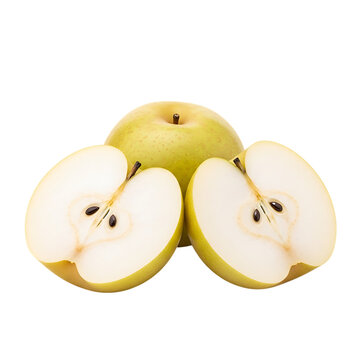 A close up of two whole and two sliced asian pears displaying the fruit s interior on transparent background