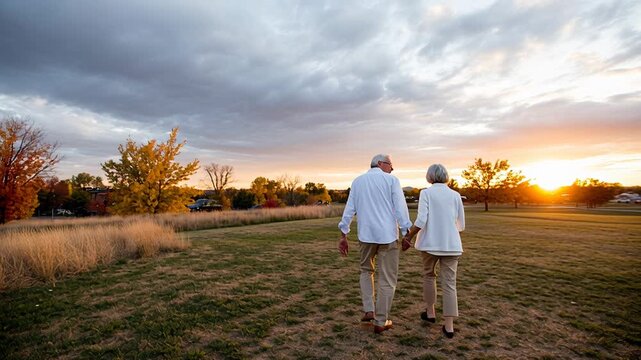 elderly white couple walking hand-in-hand through park at sunset, warm golden light filtering through autumn trees. Back view captures cozy sweaters, slow