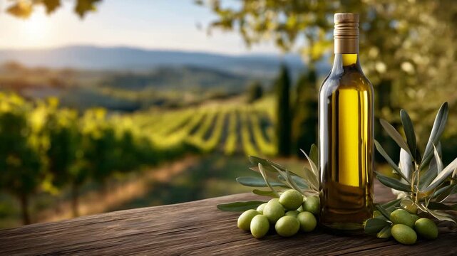 506Golden olive oil bottle rests near fresh olives on wooden table. Tuscan vineyard rows stretch towards warm sunset. Olives and oil glow in soft light, diagonal composition with bott