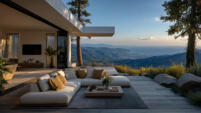 515Modern outdoor patio attached house, minimalist patio with neutral-toned furniture, glass balustrade overlooking scenic view, sliding doors open to living room, late afternoon sunl