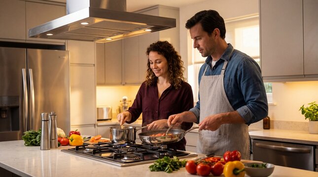 Happy couple cooking a meal together in a bright, contemporary kitchen, stirring ingredients in pans on a gas stovetop with fresh vegetables on the counter.