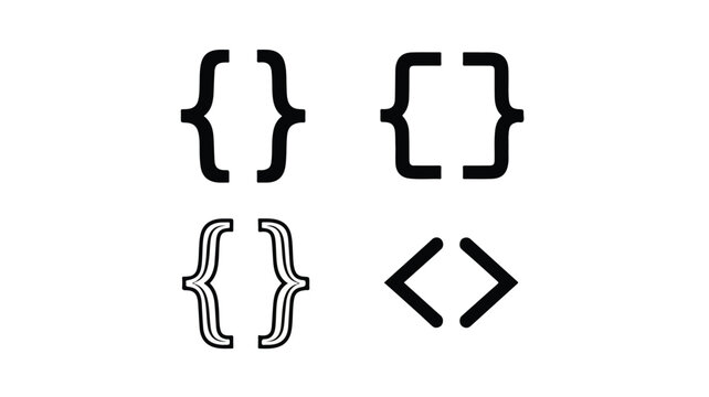 Black coding symbols on a white background, featuring curly and square brackets with angle brackets.